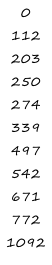 0 112 203 250 274 339 497 542 671 772 1092