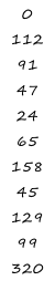 0 112 91 47 24 65 158 45 129 99 320